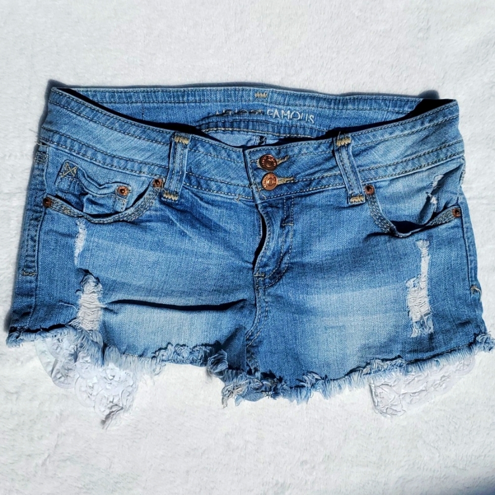 Almost Famous Jean Shorts Juniors Size 9 Lace Pockets Raw Hem Frayed Distressed